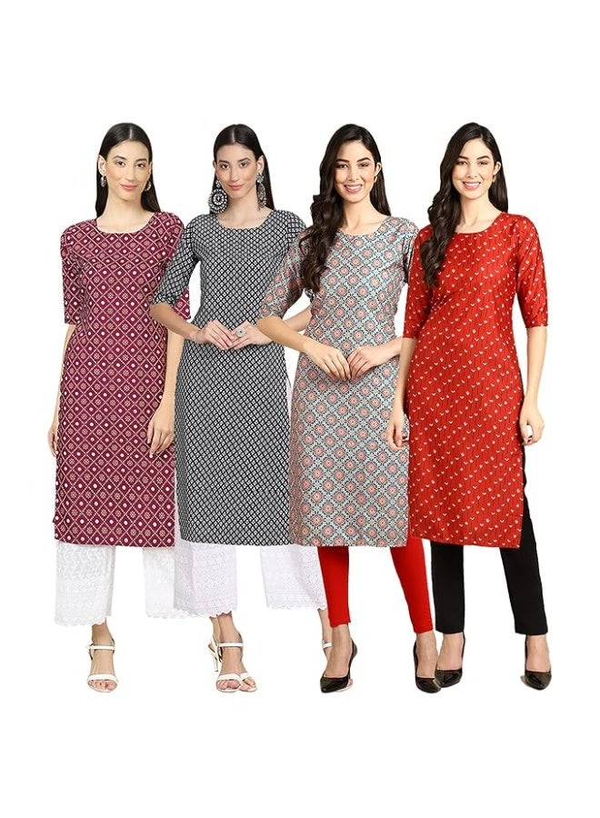 متجر Pinkmint: كورتا نسائية مستقيمة من قماش الكريب بطبعات [عبوة من 4 قطع] - مقاس 2XL - Image 4