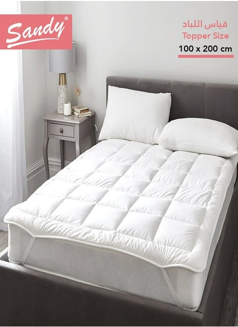 SANDY Soft Mattress Topper, 1 Pc with 4 Corner Elastic Bands Up to 35cm High, 100% Super Soft Microfiber Fabric, Soft & Thick Down Alternative Filling (Twin Size: 100X200 cm +5 cm Thickness), White Stripe