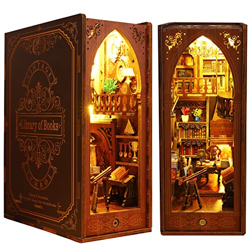 Spilay DIY Dollhouse Miniature Book Nook Assemble Kit,3D Wooden Puzzle Bookshelf Insert Decor with Sensor Light Music Box, Bookends Model Build-Creativity Kit for Adults Women Birthday Gift (SL06) - Image 1