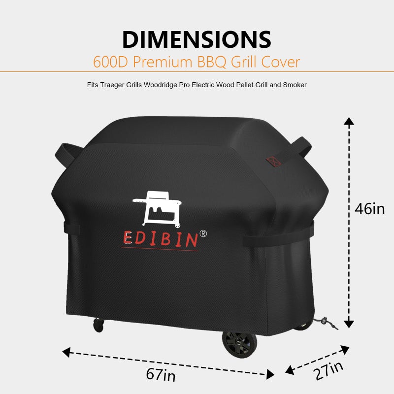 EDIBIN Grill Cover for Traeger Woodridge Pro Grill & Woodridge Elite Grill, BAC776 for Traeger TFB97JLH TFC97XLH Full Length Cover 600D Heavy Duty Waterproof,67" L x 27" W x 46" H - Image 2