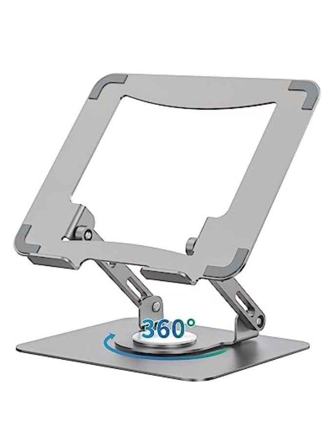 SOUNDANCE Laptop Stand with 360° Rotating Base, Ergonomic Computer Riser for Desk, Adjutable Height Muti-Angle, Foldable Laptop Mount, Stable Metal Holder Support 10-15.6 Notebook PC, Silver Grey - Image 1