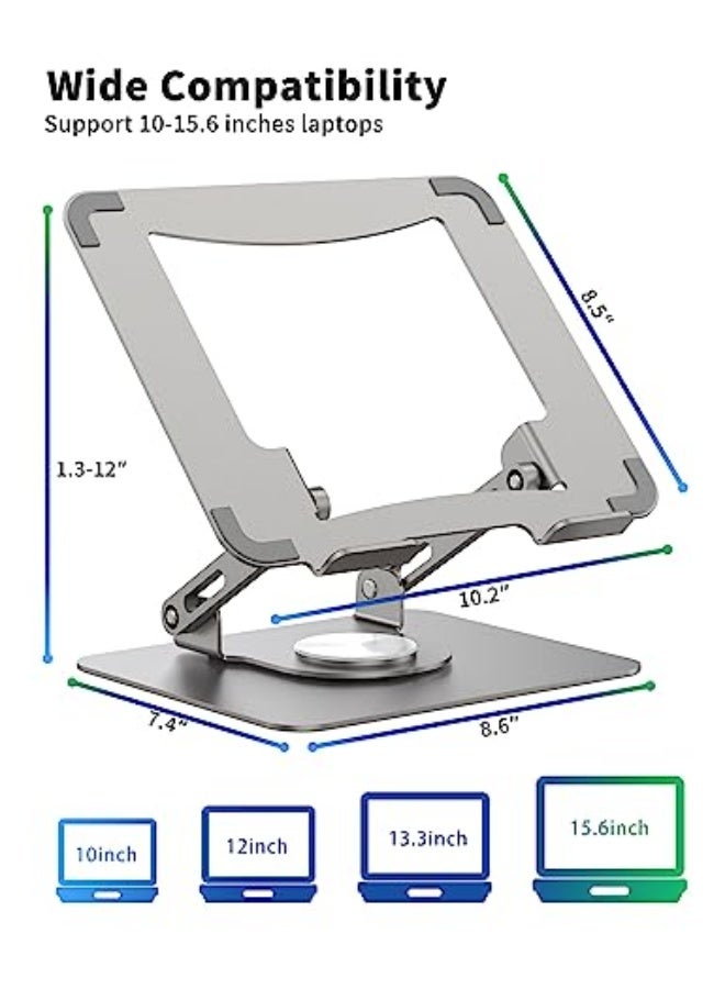 SOUNDANCE Laptop Stand with 360° Rotating Base, Ergonomic Computer Riser for Desk, Adjutable Height Muti-Angle, Foldable Laptop Mount, Stable Metal Holder Support 10-15.6 Notebook PC, Silver Grey - Image 4
