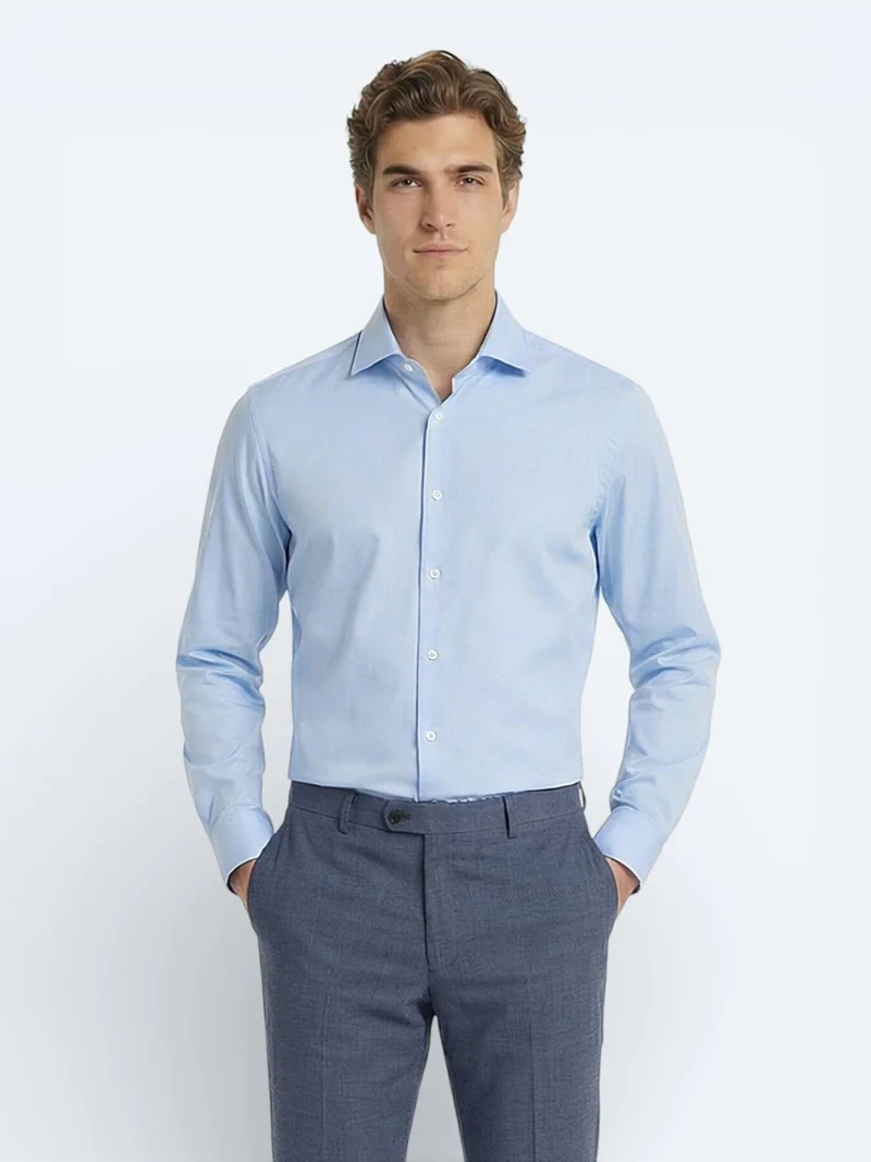 Kip Blue Plain Slim Fit Long Weaving Classical 100% Cotton Shirt