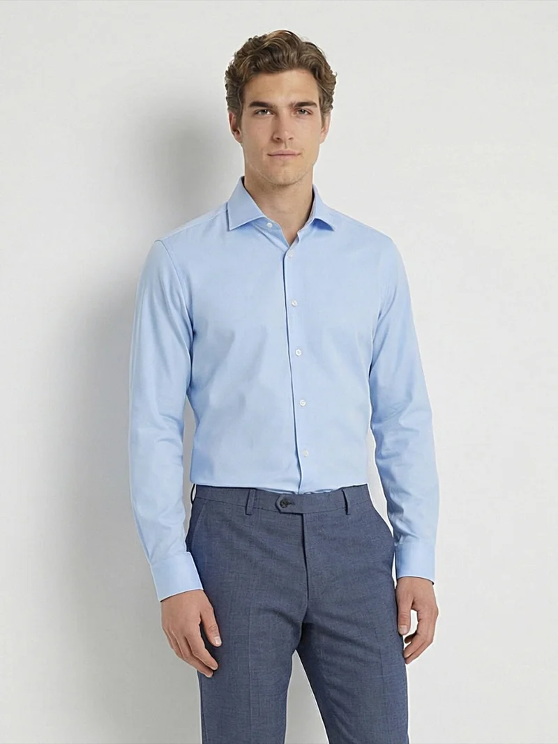 Kip Blue Plain Slim Fit Long Weaving Classical 100% Cotton Shirt
