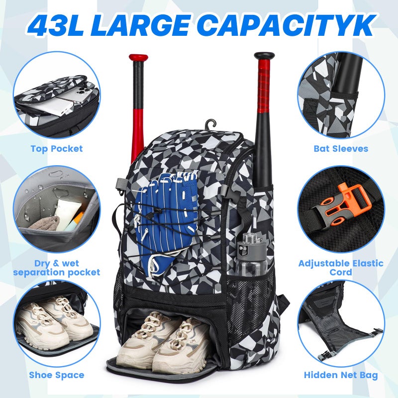 GOTECH Softball Bag for Youth & Adults, Baseball Bag with Fence Hook, Lightweight Bat Backpack with Shoe Compartment, Large Main Compartment for Helmet - Image 4