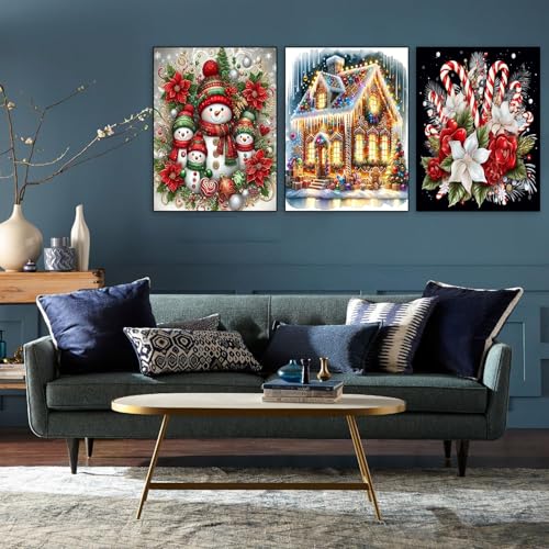 Meothan Christmas Diamond Art Kits for Adults 3 Pack Snowman Candy House Diamond Painting Kits for Adults 5D DIY Round Full Drill Gem Art Paint by Diamonds Dots Crafts Kits for Home Decor Gift 12x16inch - Image 3