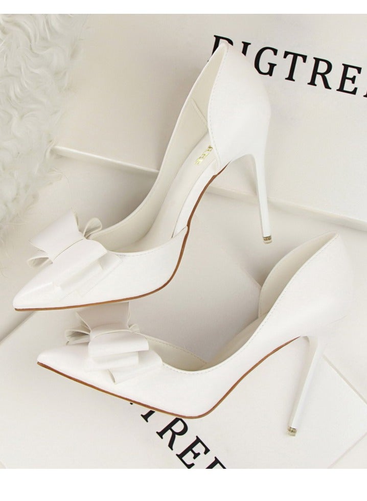 BIGTREE Women's Side Hollow Stiletto Pumps With Bow Knot 10.5 cm Elegant Gorgeous Closed Pointed Toe Slip On Solid High Heels White - Image 3