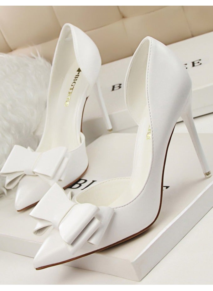 BIGTREE Women's Side Hollow Stiletto Pumps With Bow Knot 10.5 cm Elegant Gorgeous Closed Pointed Toe Slip On Solid High Heels White - Image 1