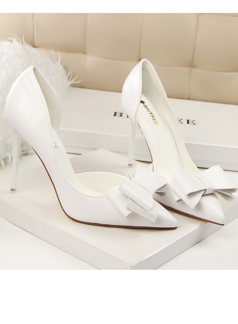 BIGTREE Women's Side Hollow Stiletto Pumps With Bow Knot 10.5 cm Elegant Gorgeous Closed Pointed Toe Slip On Solid High Heels White - Image 2