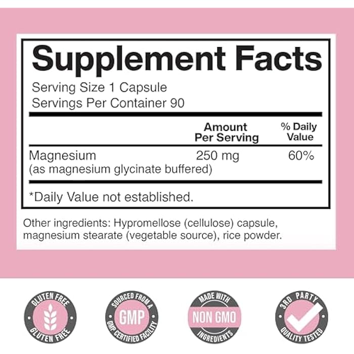 American Standard Supplements مغنيسيوم جليسينات للنساء 250mg لكل كبسولة واحدة، مغنيسيوم جليسينات مخلبي لها، 90 كبسولة، إمداد لـ 90 يوم - Image 2
