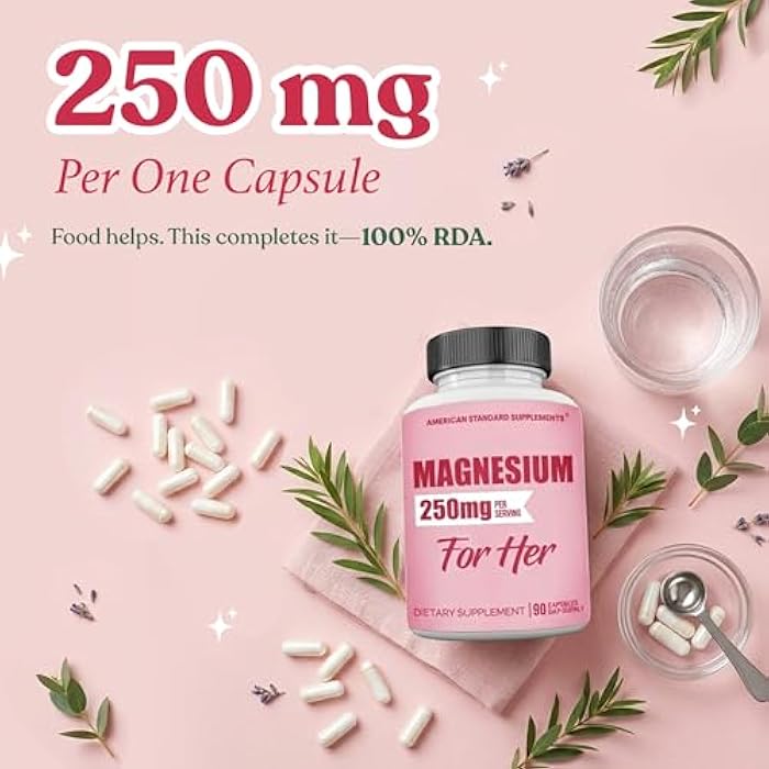 American Standard Supplements مغنيسيوم جليسينات للنساء 250mg لكل كبسولة واحدة، مغنيسيوم جليسينات مخلبي لها، 90 كبسولة، إمداد لـ 90 يوم - Image 3
