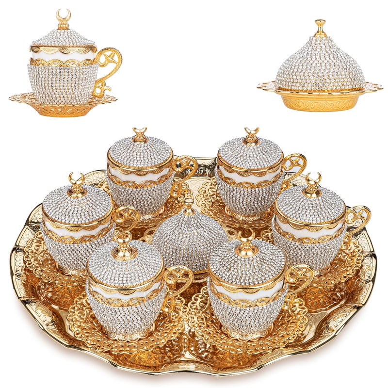 Alisveristime 27 Pc Ottoman Turkish Greek Arabic Coffee Espresso Serving Cup Saucer Crystal Set Gelincik  Handcrafted Traditional Set with Hilal Motifs Gold