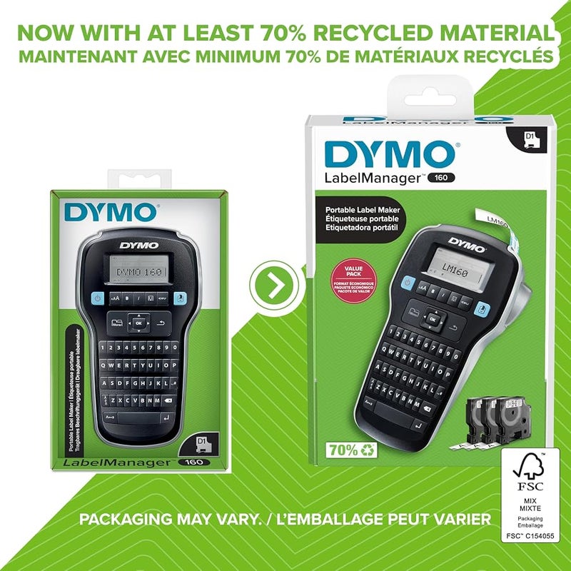 Dymo Label Maker with 3 D1 Tapes LabelManager 160 Portable Maker, QWERTY Keyboard, One Touch Smart Keys, Easy to Use, for Home & Office Organization, 2147606, Machine + - Image 2