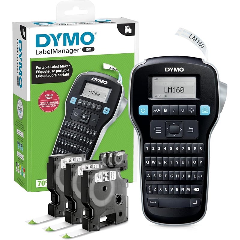 Dymo Label Maker with 3 D1 Tapes LabelManager 160 Portable Maker, QWERTY Keyboard, One Touch Smart Keys, Easy to Use, for Home & Office Organization, 2147606, Machine + - Image 1