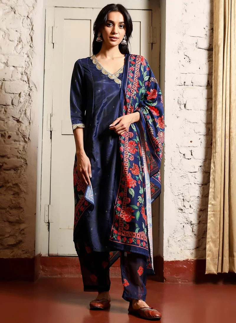 QISSA Women's Navy Blue Botanical Block Kurta With Trousers & Dupatta