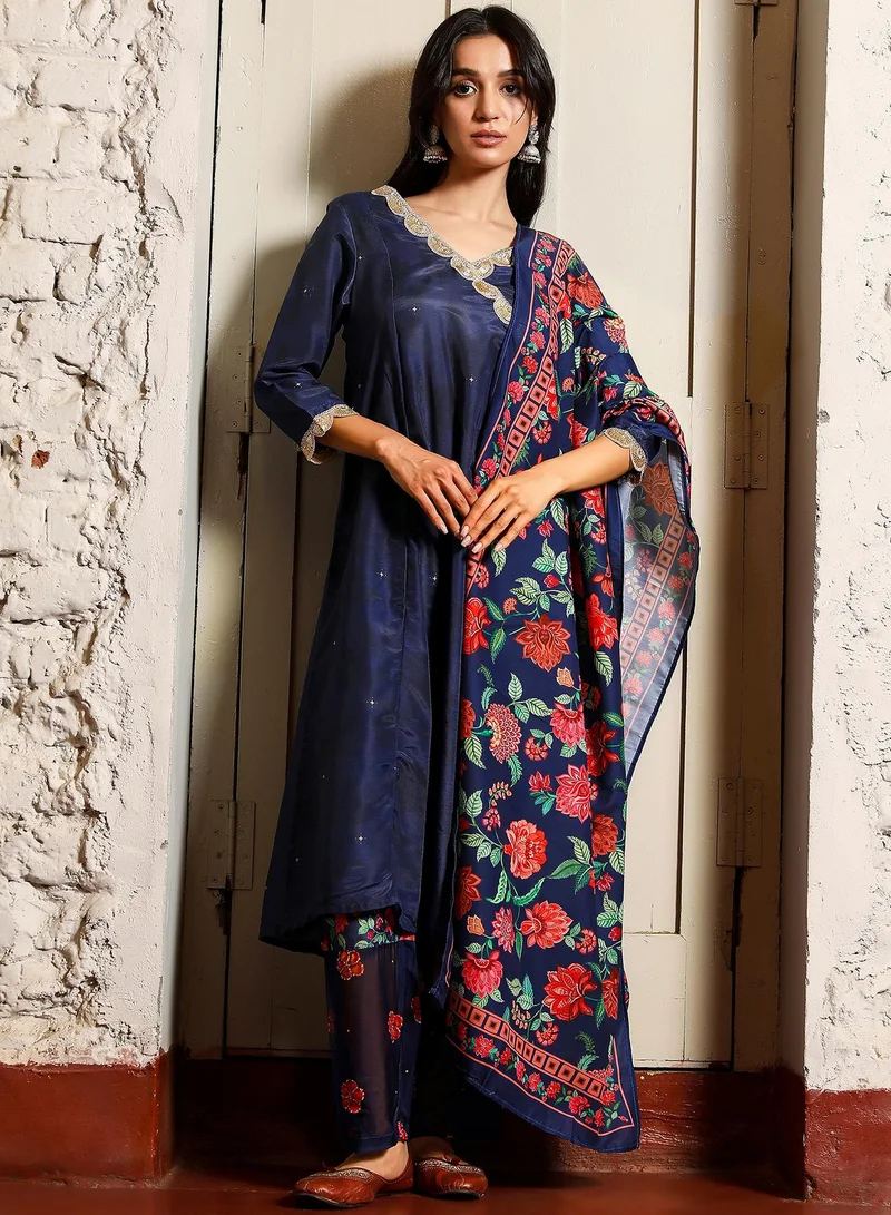 QISSA Women's Navy Blue Botanical Block Kurta With Trousers & Dupatta