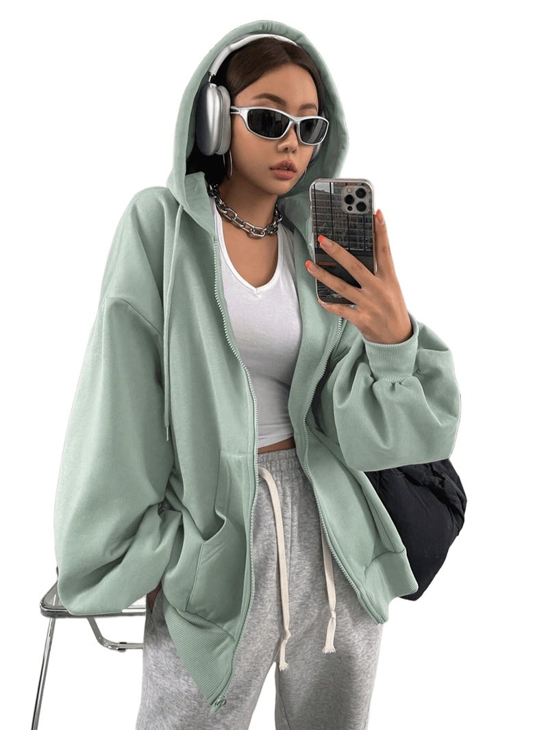 SXV STYLE Casual Zip-Up Hoodie, Oversized Fit, Light Grey, Front Pockets (IN, Alpha, M, Mintgreen) - Image 1