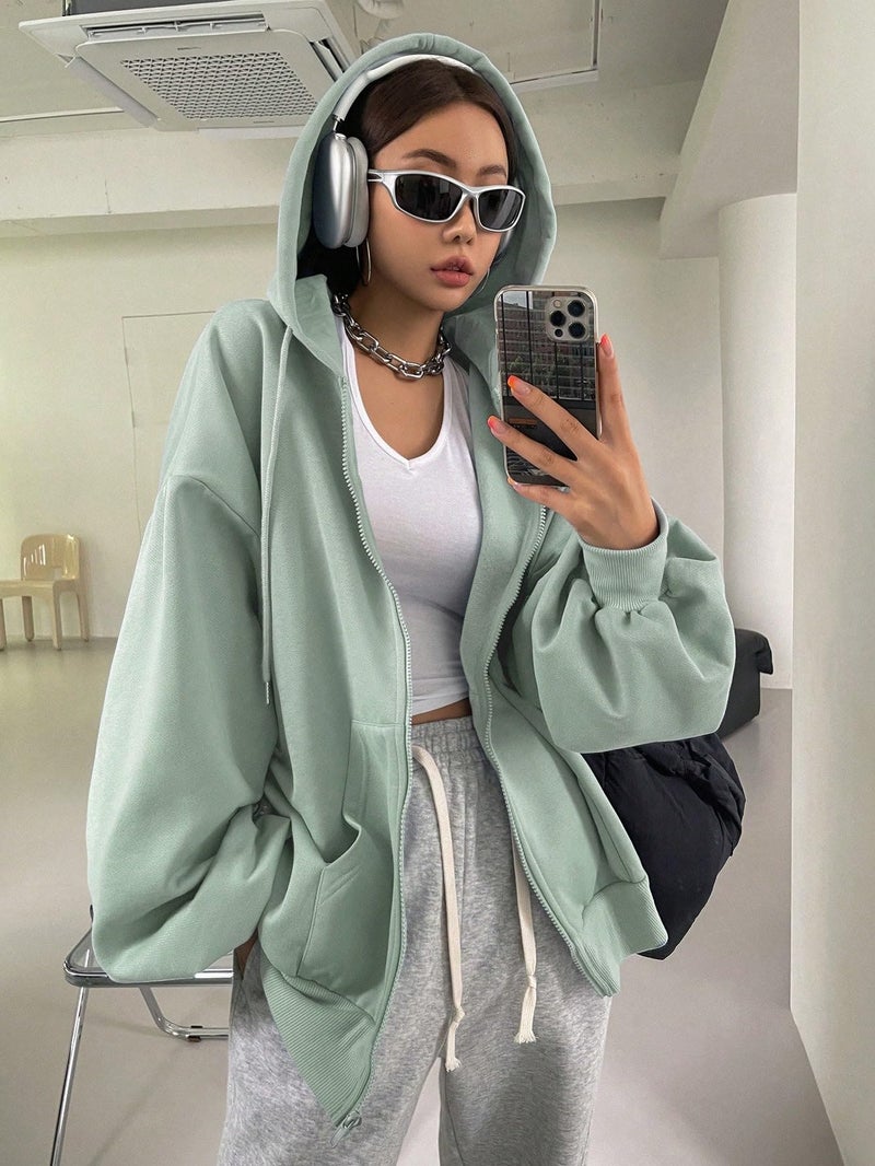SXV STYLE Casual Zip-Up Hoodie, Oversized Fit, Light Grey, Front Pockets (IN, Alpha, M, Mintgreen) - Image 3