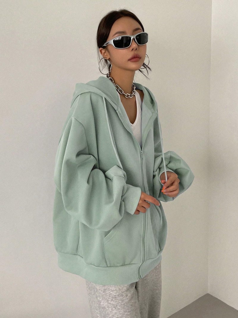 SXV STYLE Casual Zip-Up Hoodie, Oversized Fit, Light Grey, Front Pockets (IN, Alpha, M, Mintgreen) - Image 2