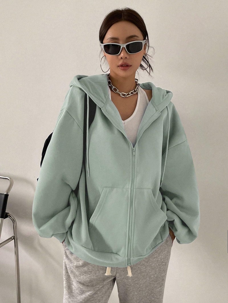 SXV STYLE Casual Zip-Up Hoodie, Oversized Fit, Light Grey, Front Pockets (IN, Alpha, M, Mintgreen) - Image 4