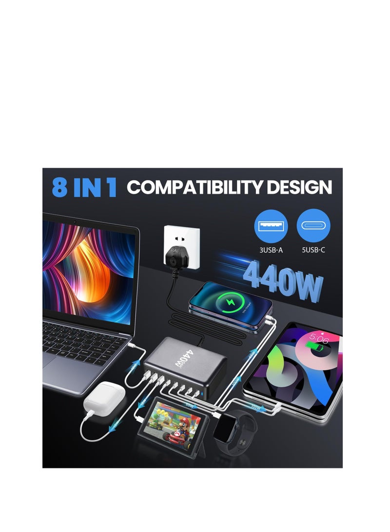 Terabyte 440W GaN USB C Fast Charger, 8 Port Charging Station Hub Block, Wall Charger Power Strip Adapter Plug Cube Laptop Charger For MacBook Air Sumsung iPhone iPad - Image 2