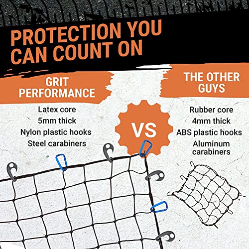 Grit Performance شبكة حمولة سرير الشاحنة - 3 × 4 قدم، شبكة مطاطية ثقيلة مع 12 خطاف و 12 مشبك أزرق وحقيبة تخزين لسيارات البيك أب لتأمين الحمولة، تأمين الأحمال في المقطورات، سيارات الدفع الرباعي وحوامل السقف - Image 5