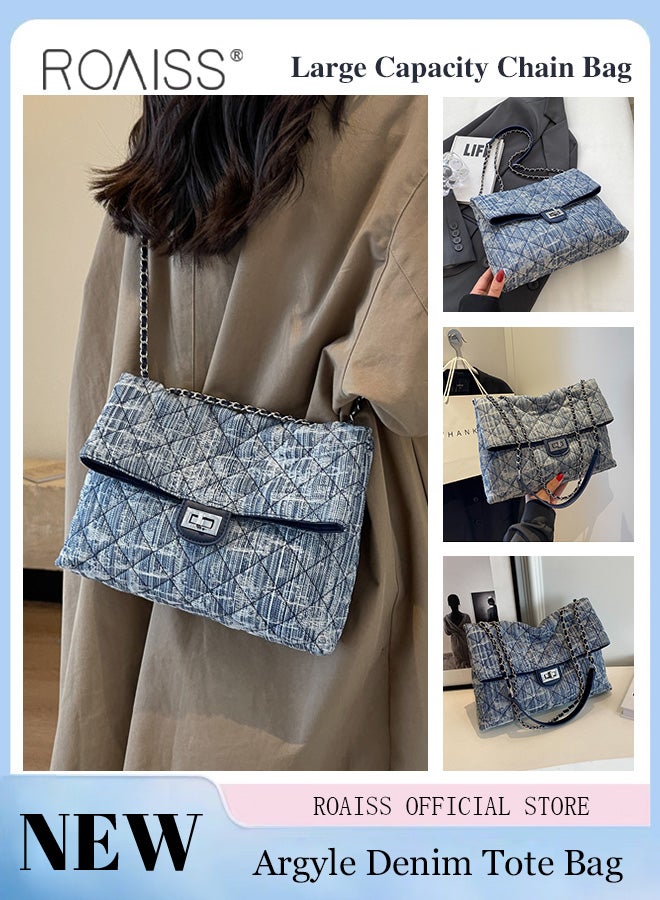 roaiss Women Denim Bags Large Capacity Versatile Shoulder and Crossbody Bag with High End Quilted Chain Design Made from Premium Denim Fabric Spacious Interior with Multiple Pockets Perfect for Everyday Use Combining Style and Functionality - Image 2