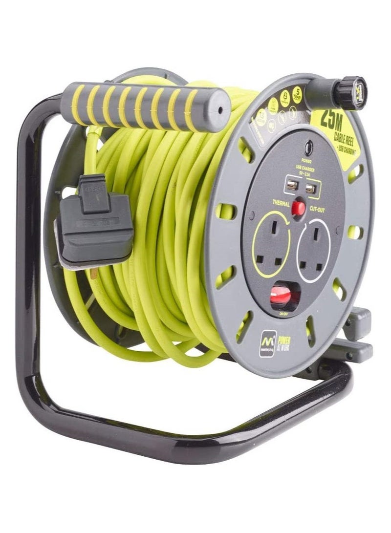 ماستربلاج ماستربلج برو إكس تي بكرة مفتوحة، 2 مقبس، 2 منفذ يو إس بي، 25 مترًا، فصل حراري، حماية من زيادة التيار، OMU25132USL - Image 3