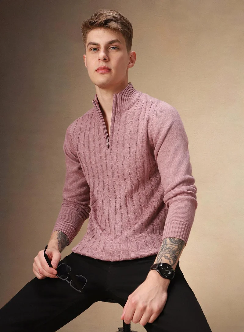 Dennis Lingo Men's Dusty Pink 100% Acrylic Solid Regular Fit Sweater