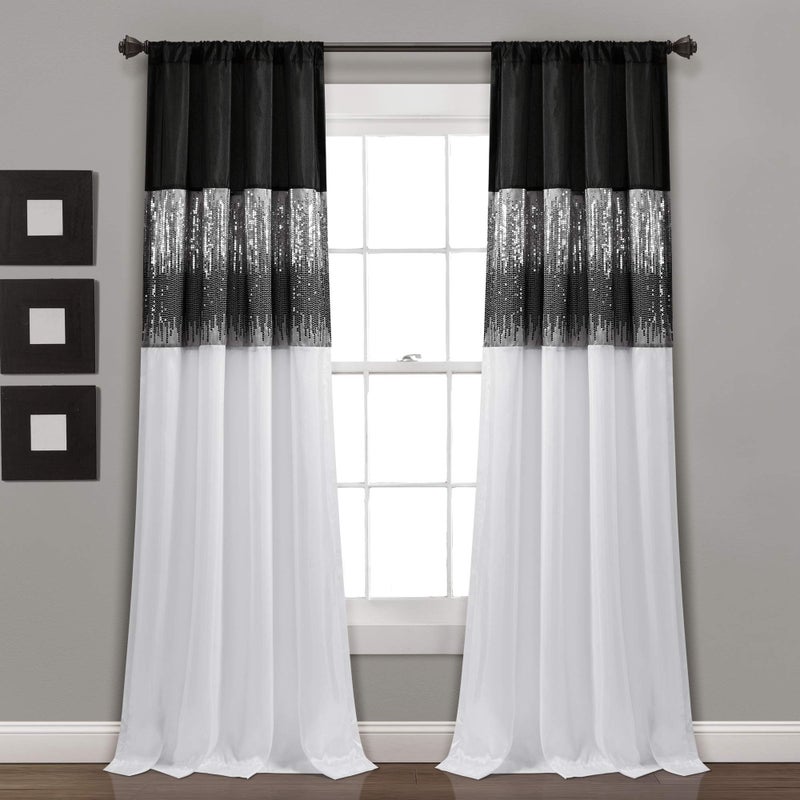 Lush Decor Night Sky Window Curtain Panel Single 42 W x 95 L Black  White  Sequin Curtains  Sparkle  Color Block Design  Modern Glam Decor  Long Curtains For Bedroom  Living Room