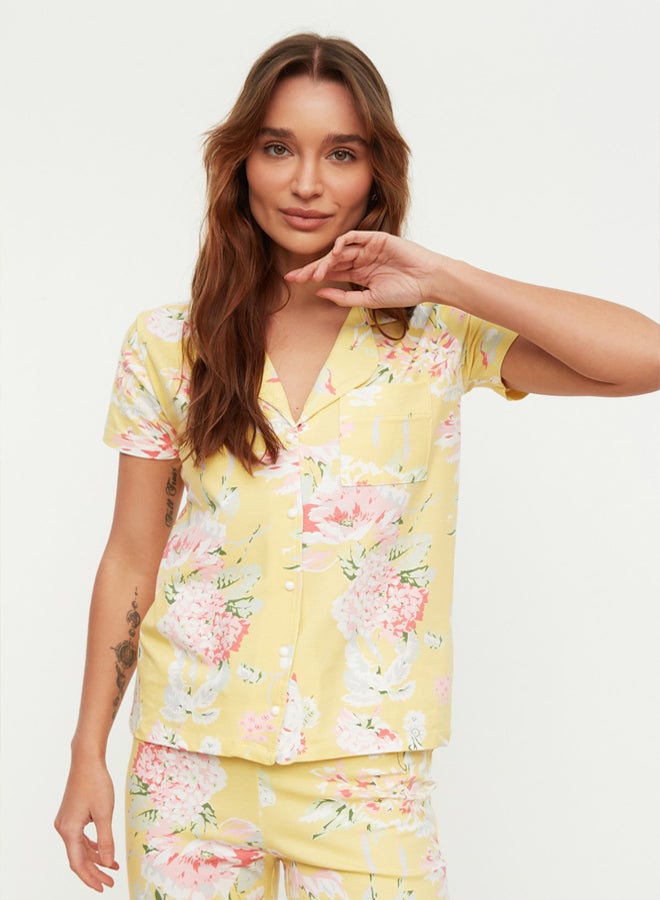 trendyol Yellow 100% Cotton Floral Patterned Shirt-Pants Knitted Pajama Set  - Image 3