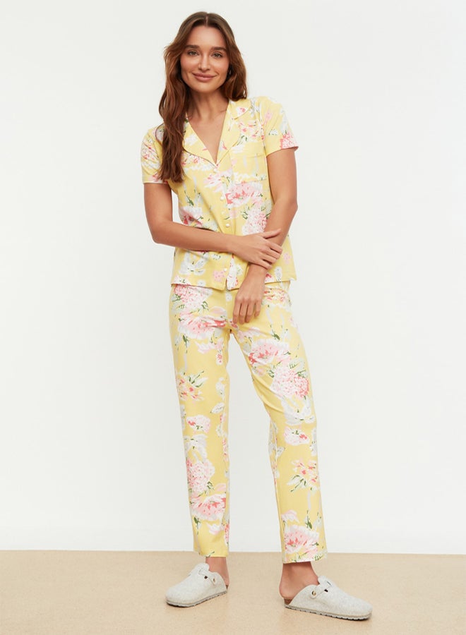 trendyol Yellow 100% Cotton Floral Patterned Shirt-Pants Knitted Pajama Set  - Image 1