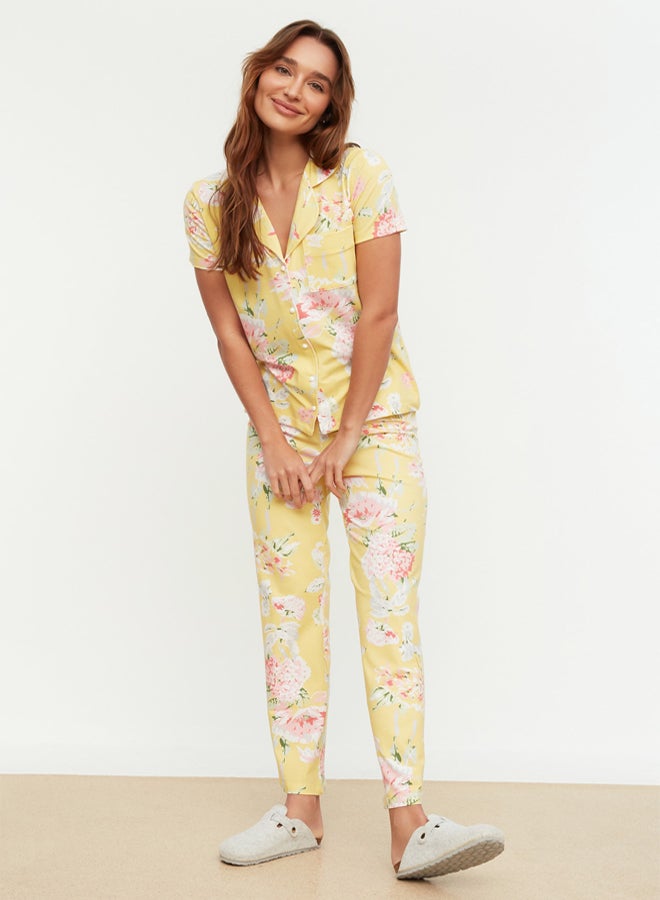 trendyol Yellow 100% Cotton Floral Patterned Shirt-Pants Knitted Pajama Set  - Image 2