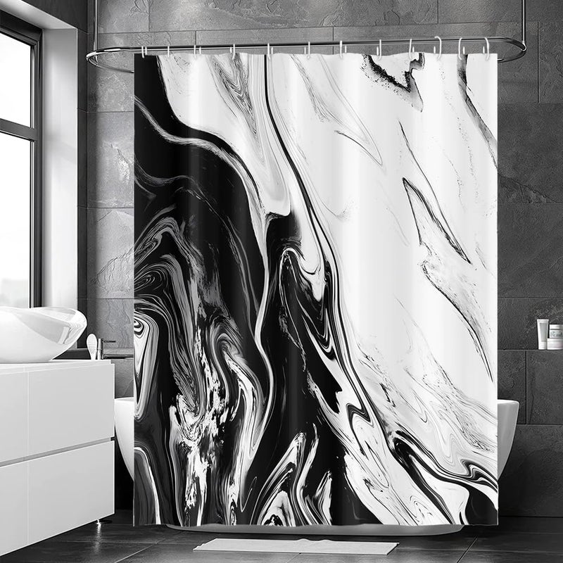 Ruelvth Black and White Shower Curtain, Modern Abstract Black Marble Shower Curtain for Bathroom Aesthetic Ink Texture Waterproof Shower Curtain Set with Hooks, 72x72 Inch - Image 2