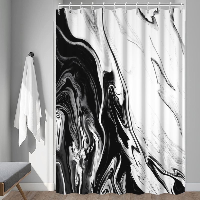 Ruelvth Black and White Shower Curtain, Modern Abstract Black Marble Shower Curtain for Bathroom Aesthetic Ink Texture Waterproof Shower Curtain Set with Hooks, 72x72 Inch - Image 3
