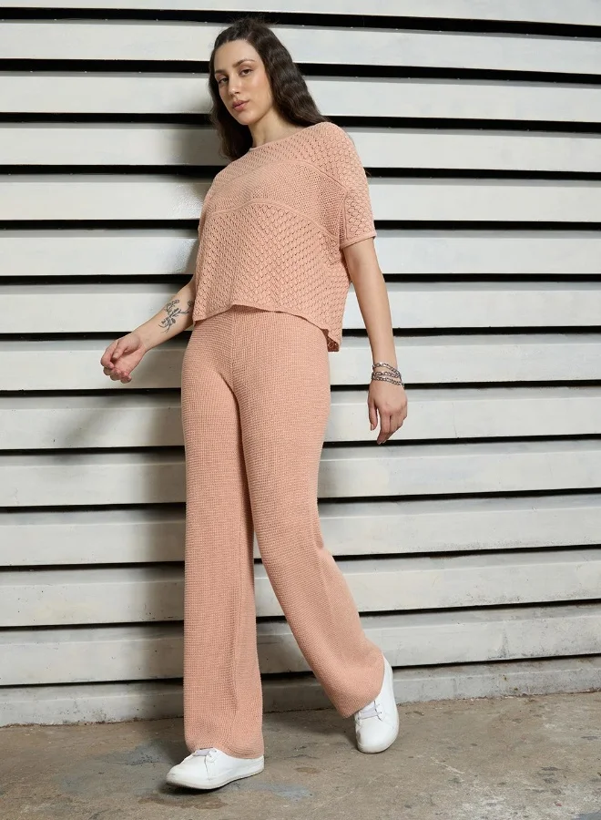 هاي ستار Women's Orange 100% Cotton Solid Pattern T-Shirt Upperwear Cropped Length Regular Fit Co-Ords
