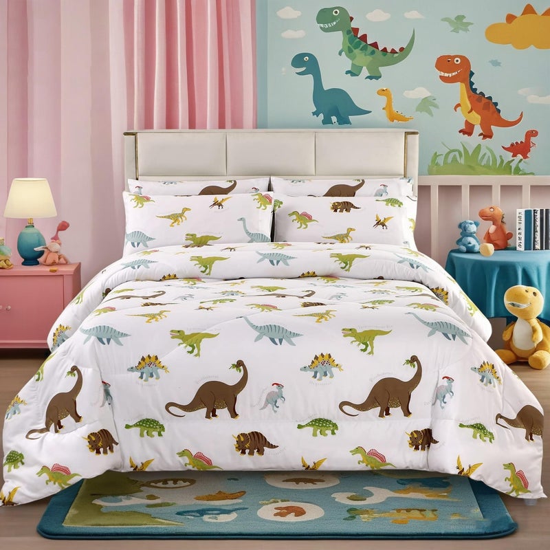 MAG 3Pcs Dinosaur Bedding Comforter Set Dinosaur White Base Queen Comforter SetAll Season for Toddlers Kids Boys Teens and GirlsSuper Soft MicrofiberQueen Size 1 Comforter 2 Pillowcases