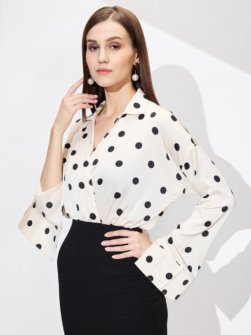 globus Globus Women Shirt Collar Cuffed Sleeves Polka Dots Satin Gathered Mini Bodycon Workwear Dress  - Image 5