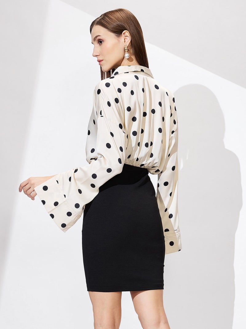 globus Globus Women Shirt Collar Cuffed Sleeves Polka Dots Satin Gathered Mini Bodycon Workwear Dress  - Image 3
