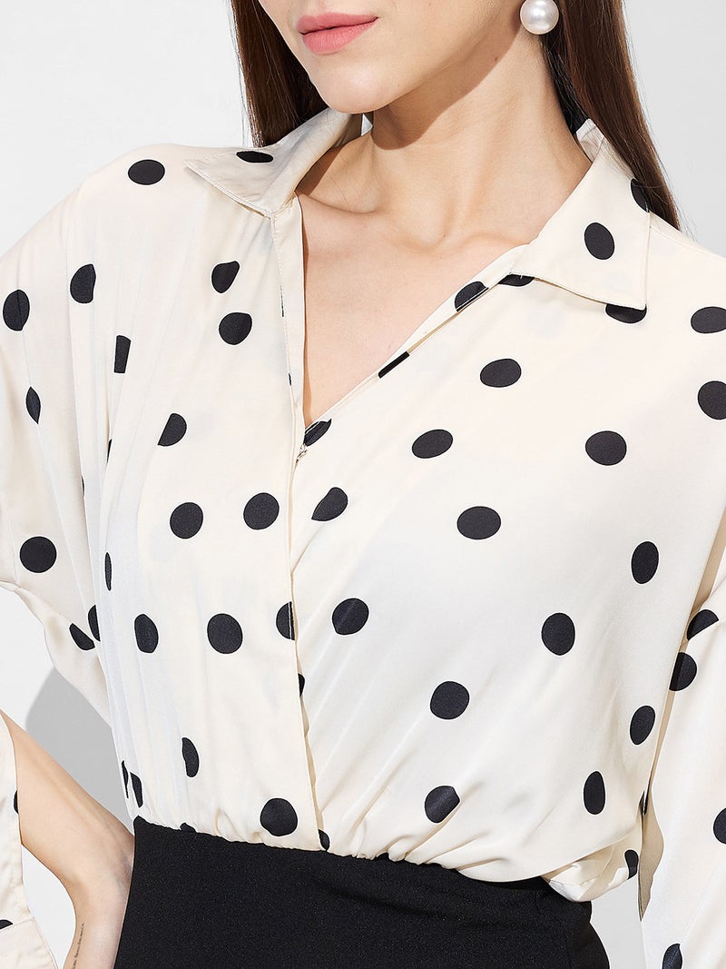 globus Globus Women Shirt Collar Cuffed Sleeves Polka Dots Satin Gathered Mini Bodycon Workwear Dress  - Image 4
