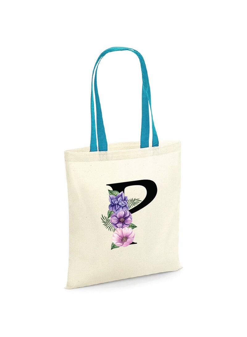 PRINTSHOP4ME Initial Letters Canvas Cotton Tote Bag With Blue Handle-Ideal Gifts For Bridesmaids-Party Bag - Image 1