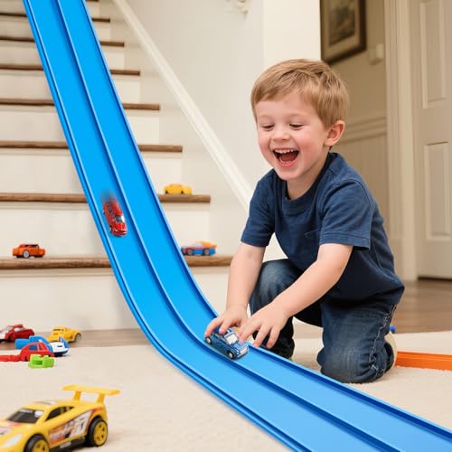 INKZOO Flex Tracks 15 Ft Starter Set Flexible Race Track for Kids 3 Flexible Car Track Race Car Ramp Track Compatible with Diecast 164th Cars Portable Rolls Up Race Tracks with Strong Suction Cups - Image 1