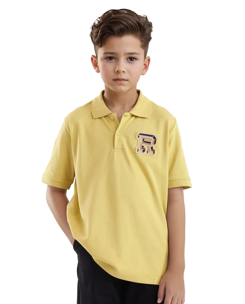 Rare Ones Rare Ones Kids Luan Flouroscent Yellow Cotton Short Sleeve Applique Print Polo