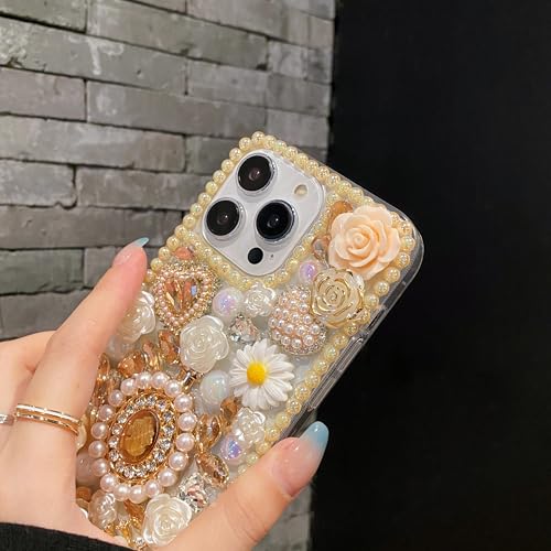 iFiLOVE for iPhone 15 Bling Diamond Case with Flower Strap, 3D Luxury Sparkle Glitter Crystal Rhinestone Pearl Love Rose Wristband Bracelet Case Cover for Girls Women Kids (Champagne) - Image 2