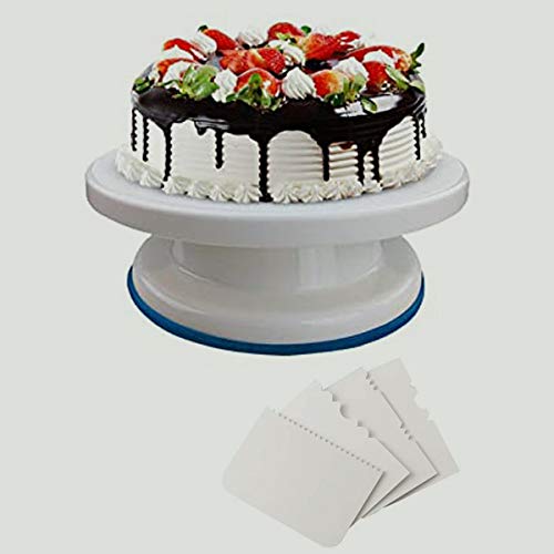 EUGLE MART يوجل مارت قاعدة كعكة دوارة 28 سم بيضاء مع 4 قطع مكشطة لتزيين الكعك - Image 1