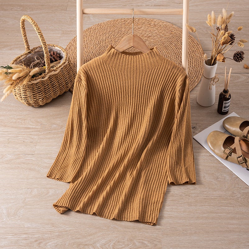 5098 Merino Wool Mid-Sleeve Base T-Shirt Soft Waxy Stretch Inner Half-High Collar Knitted Base Shirt - Image 1