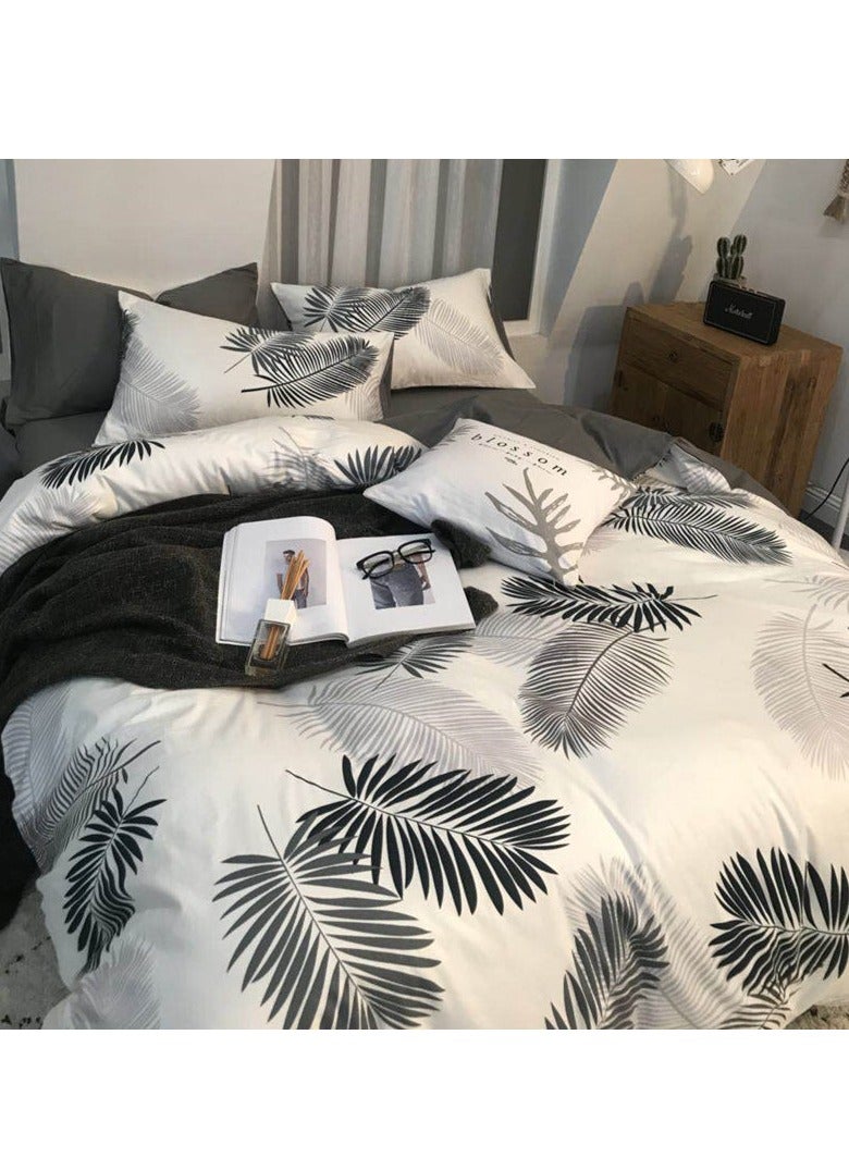 Bluejw Queen Decorative Luxury Leaf Print Bedding Duvet Cover Set King Size 4 Pcs Include 1 Quilt Cover 180 x 220cm & Pillow Cases 48 x 74cm & 1 Bedsheet 230 x 220cm Super Microfiber Soft Quality Cotton Blend Bedding Set  for Girls Teens Bedroom Decor Bed NO Comforter White Grey - Image 1