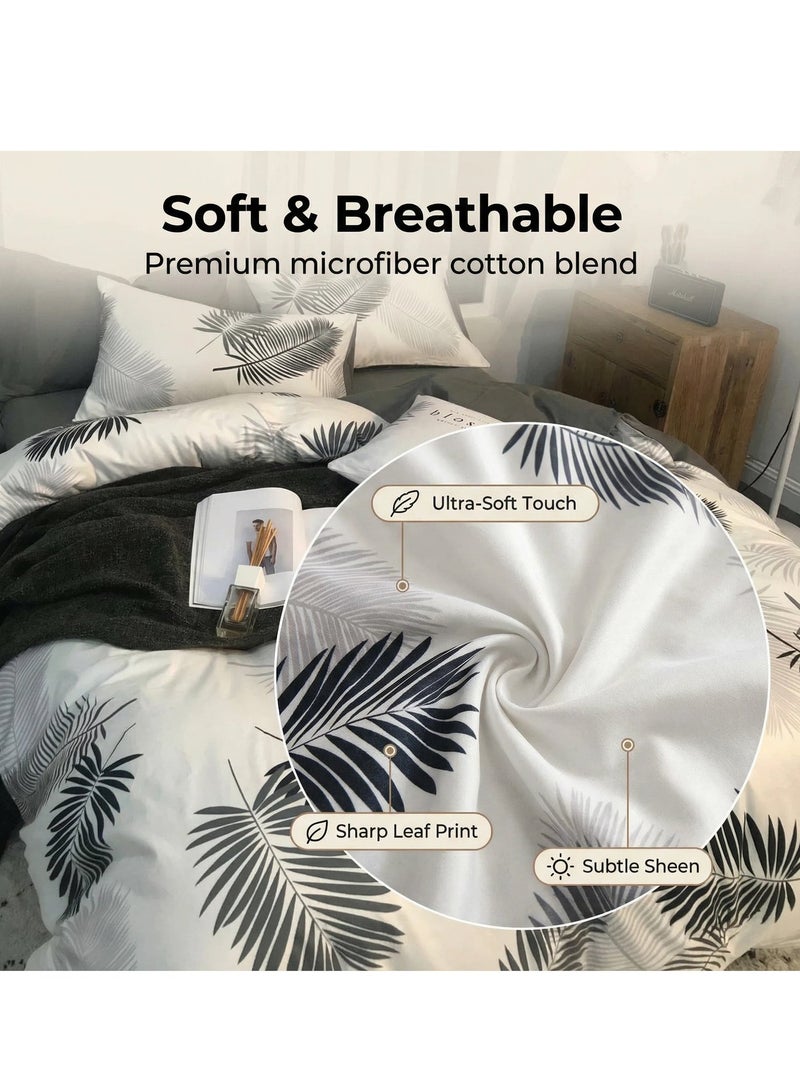 Bluejw Queen Decorative Luxury Leaf Print Bedding Duvet Cover Set King Size 4 Pcs Include 1 Quilt Cover 180 x 220cm & Pillow Cases 48 x 74cm & 1 Bedsheet 230 x 220cm Super Microfiber Soft Quality Cotton Blend Bedding Set  for Girls Teens Bedroom Decor Bed NO Comforter White Grey - Image 4