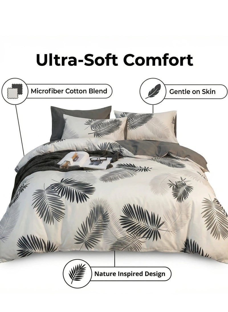 Bluejw Queen Decorative Luxury Leaf Print Bedding Duvet Cover Set King Size 4 Pcs Include 1 Quilt Cover 180 x 220cm & Pillow Cases 48 x 74cm & 1 Bedsheet 230 x 220cm Super Microfiber Soft Quality Cotton Blend Bedding Set  for Girls Teens Bedroom Decor Bed NO Comforter White Grey - Image 3
