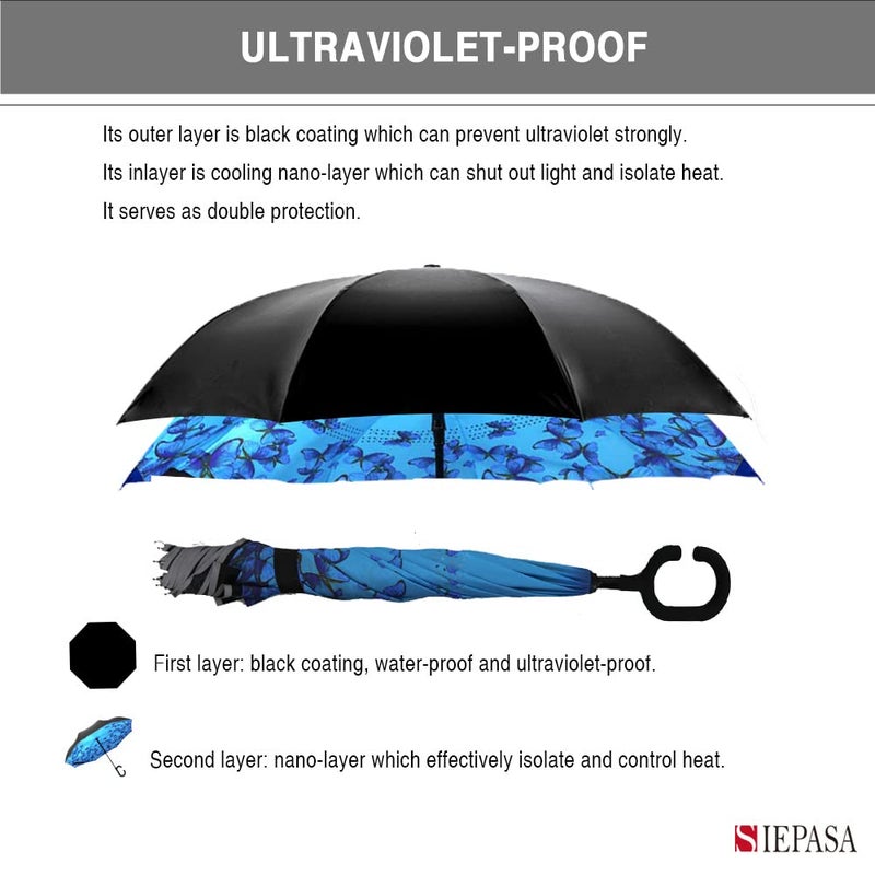 SIEPASA 49/56 Inch Inverted Reverse Upside Down Umbrella, Extra Large Double Canopy Vented Windproof Waterproof Stick Golf Umbrellas with C-shape Handle.(Butterfly, 49 Inch) - Image 4
